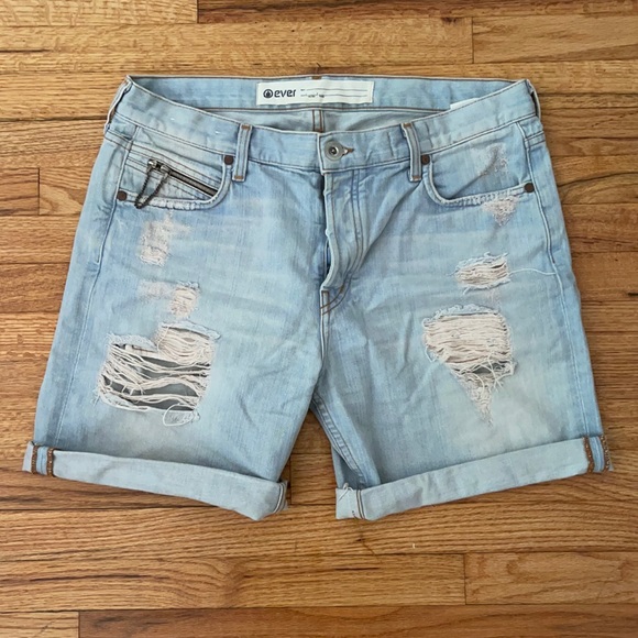 Pants - Distressed Denim Cutoff Shorts with Chain Detail and Rolled Hem